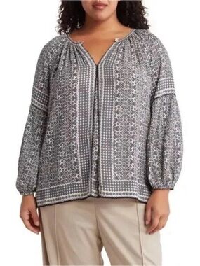 Max Studio Women's Gray Patterned Peasant Blouse Sz 1X